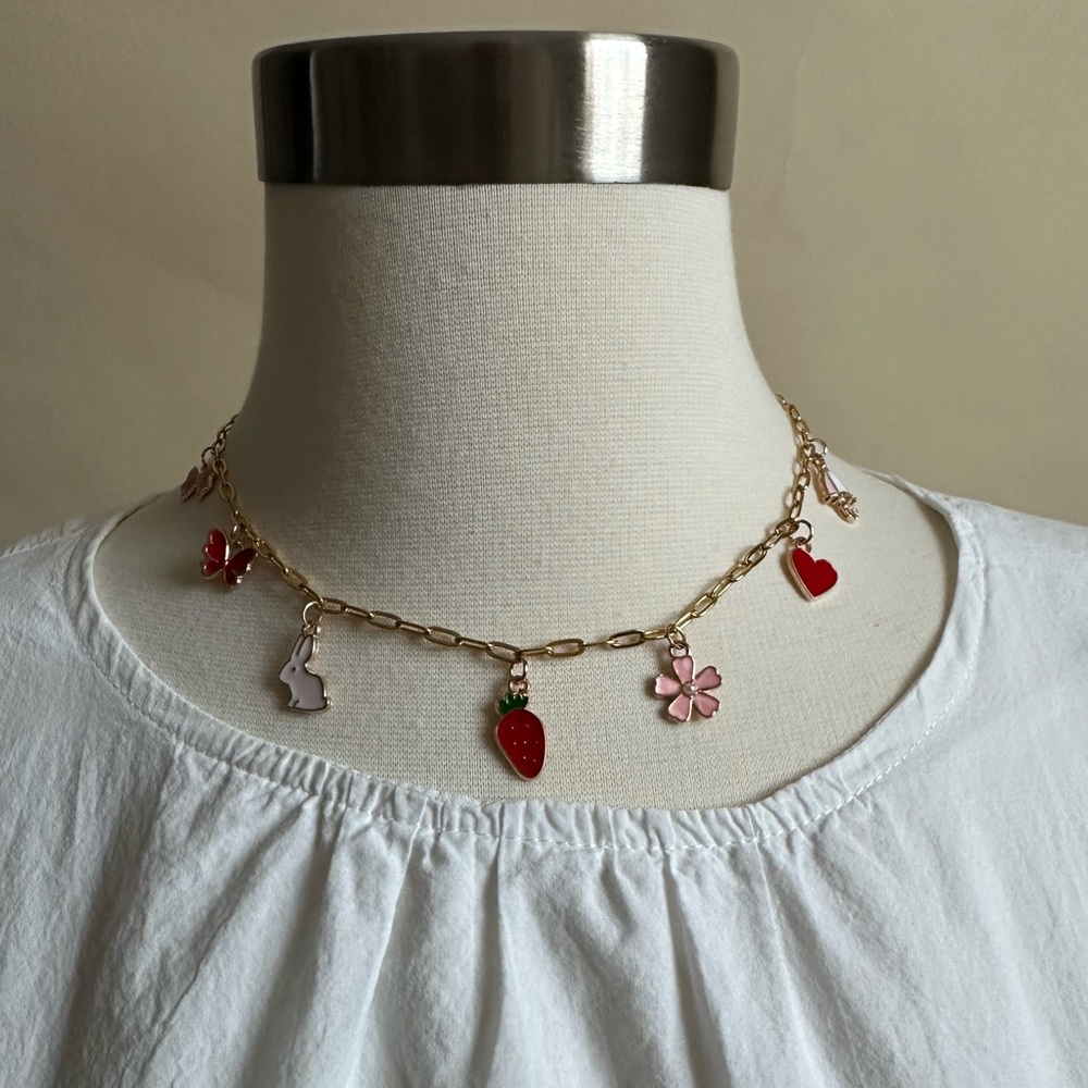 Gold Stainless Steel Charm Necklace / 16 Inches / 7 Charms